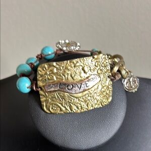 Engraved Gold Turquoise Bracelet with Love Inscription Beaded Charm